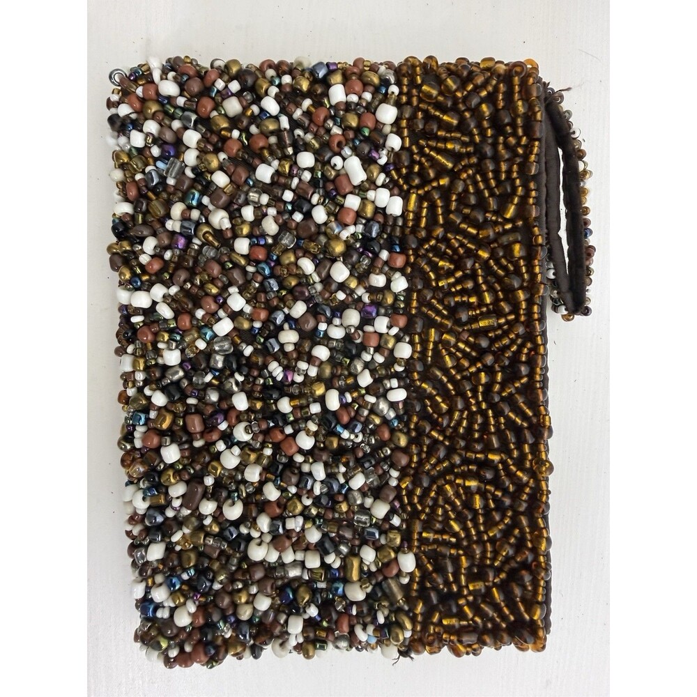 Vintage Hand Beaded Coin Purse Wallet Brown Amber Glass Bead Boho Pouch